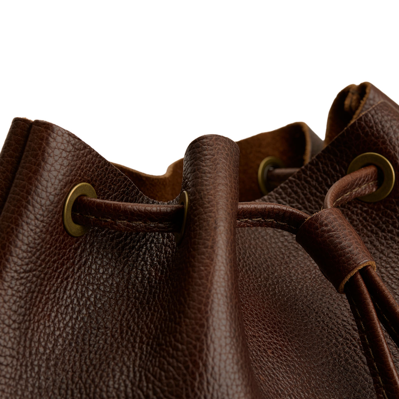 Coldbrew | Close-up of slouchy crossbody bag with leather drawstring closure
