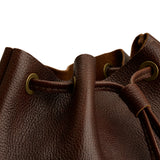 Coldbrew | Close-up of slouchy crossbody bag with leather drawstring closure