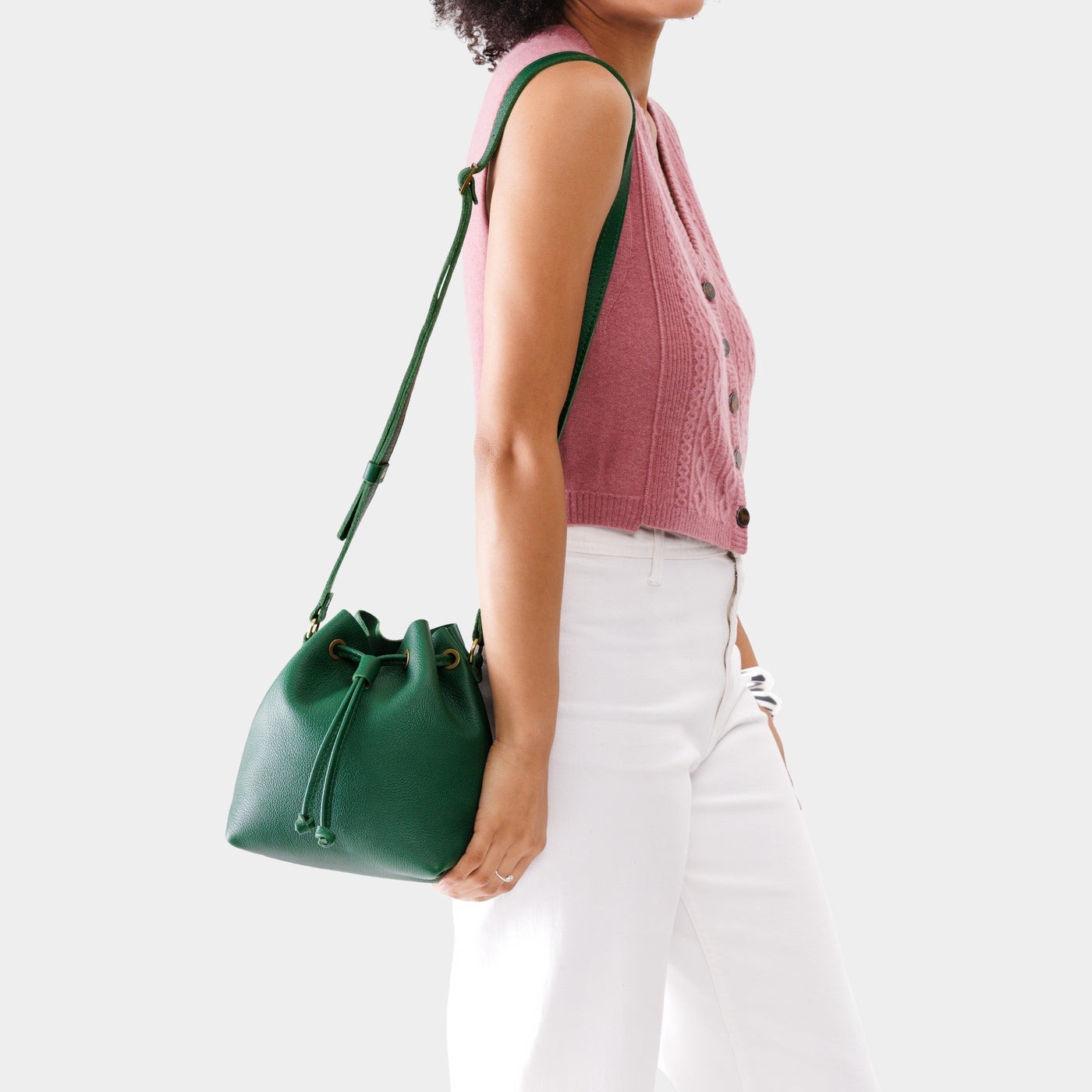 Bacalar*Small | Model wearing slouchy crossbody bag with drawstring closure