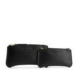 Black | Large and Small pouches with a top zipper and unique curved bottom