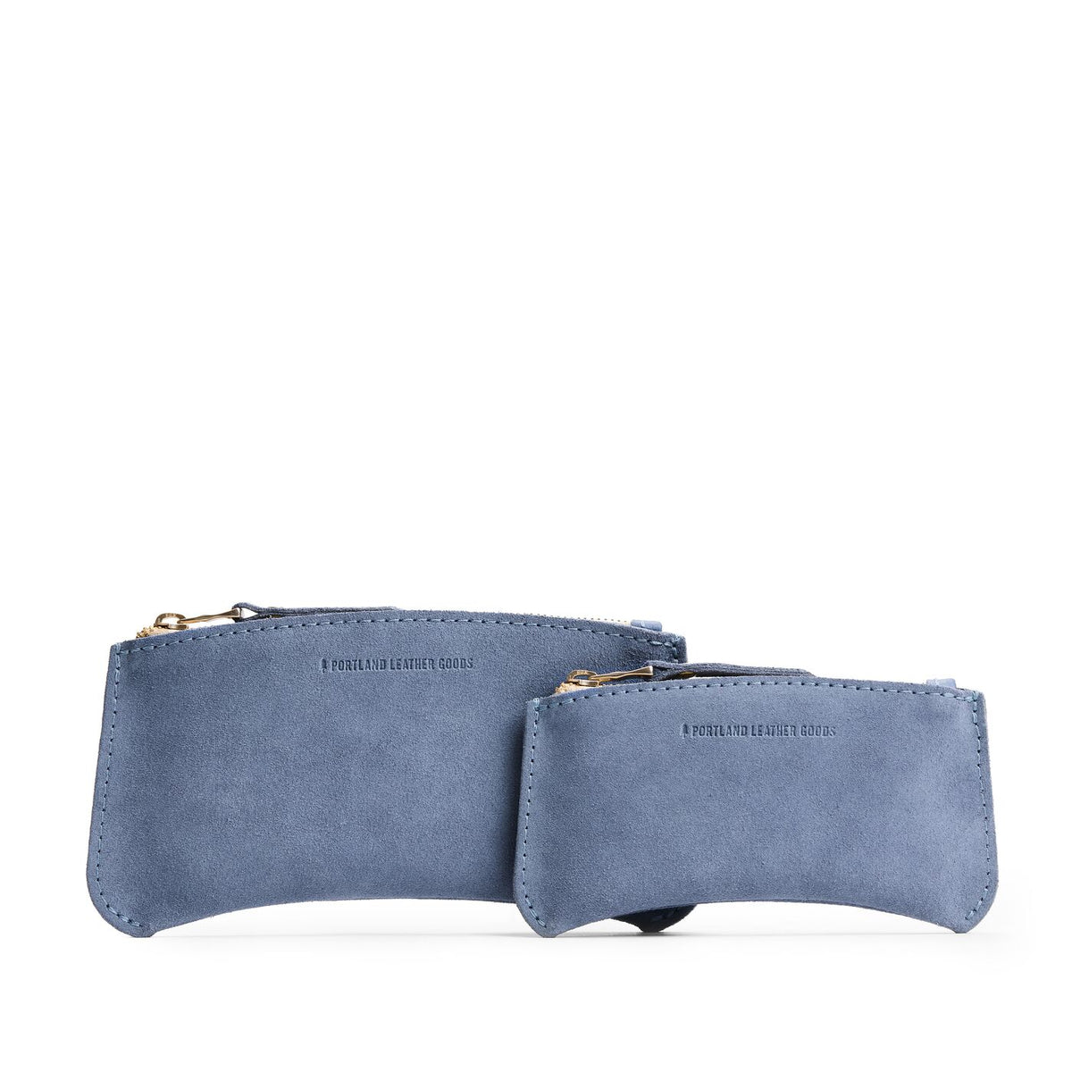 Denim | Large and Small pouches with a top zipper and unique curved bottom