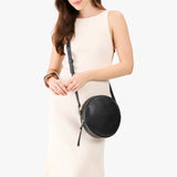 Pebbled--black Large | Circle shaped crossbody bag with top zipper