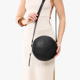 Pebbled--black Large | Circle shaped crossbody bag with top zipper