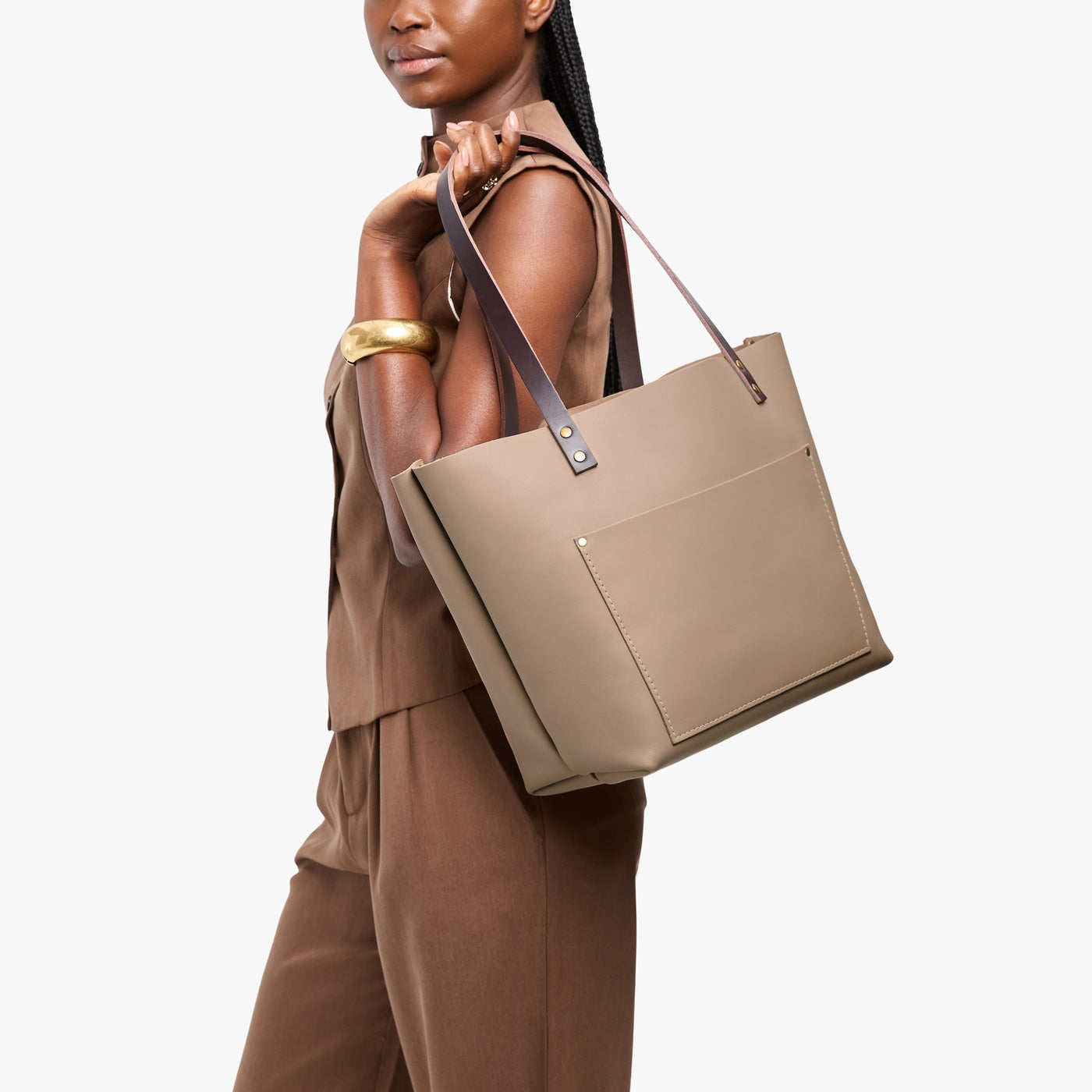 Stone*Classic | Large leather tote bag with sturdy bridle handles and front pocket