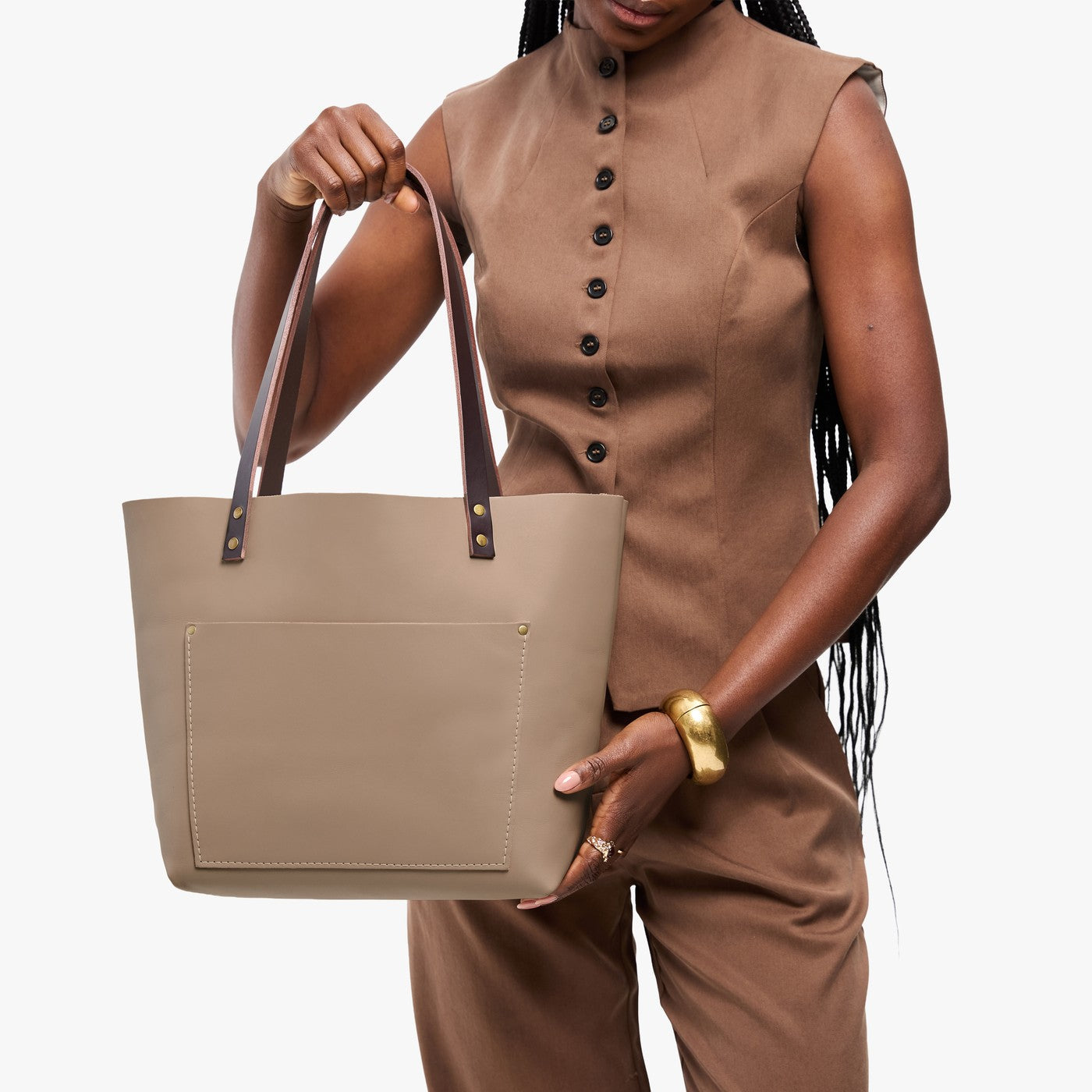 Stone*Classic | Large leather tote bag with sturdy bridle handles and front pocket