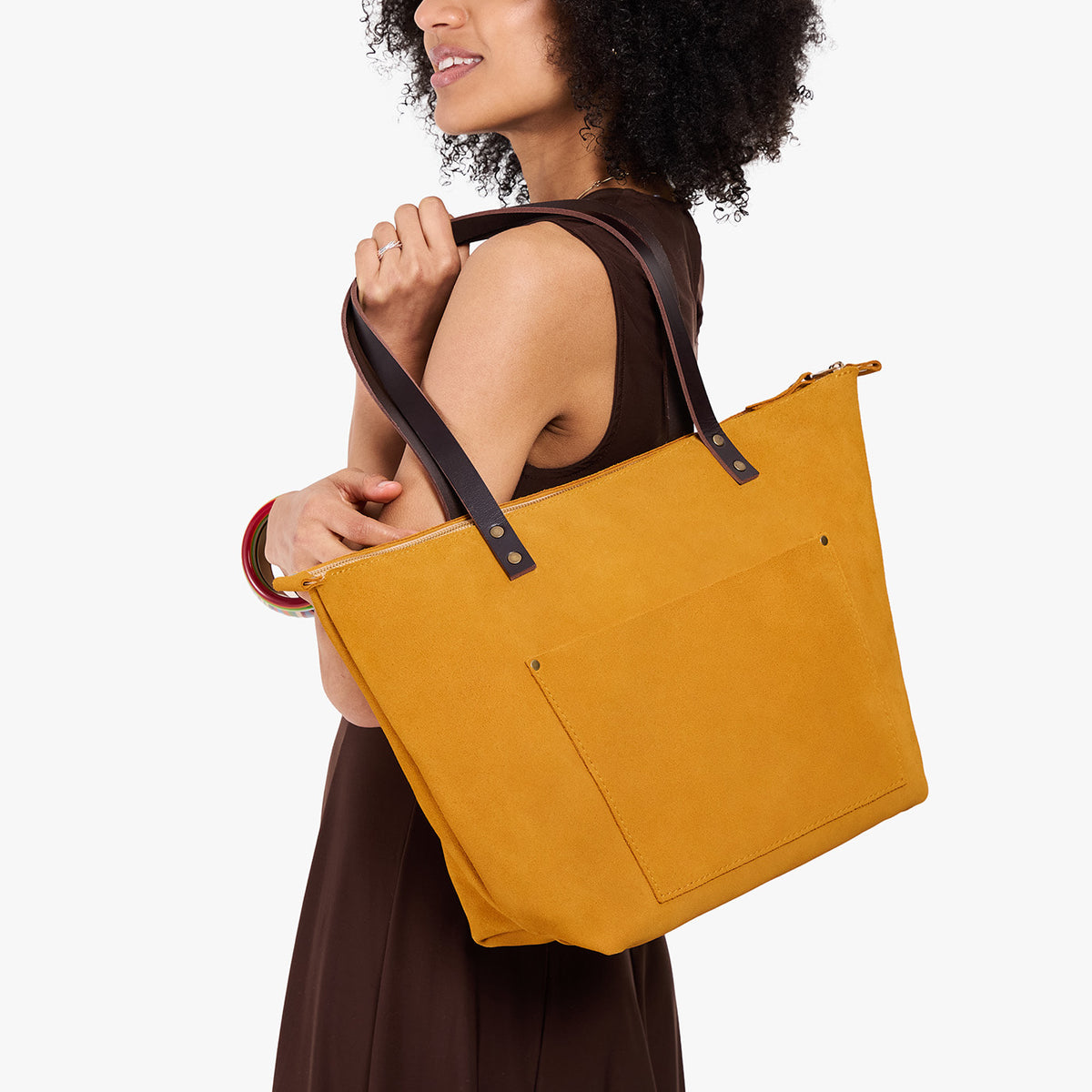 Dijon*Zipper | Large leather tote bag with sturdy bridle handles and front pocket