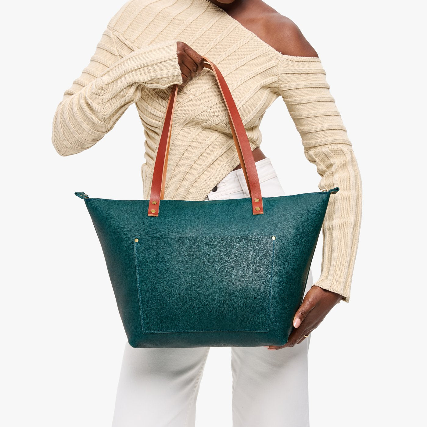 Sea Glass*Zipper | Large leather tote bag with sturdy bridle handles and front pocket