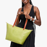 Wasabi Zipper | Large leather tote bag with sturdy bridle handles and front pocket