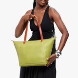 Wasabi Zipper | Large leather tote bag with sturdy bridle handles and front pocket