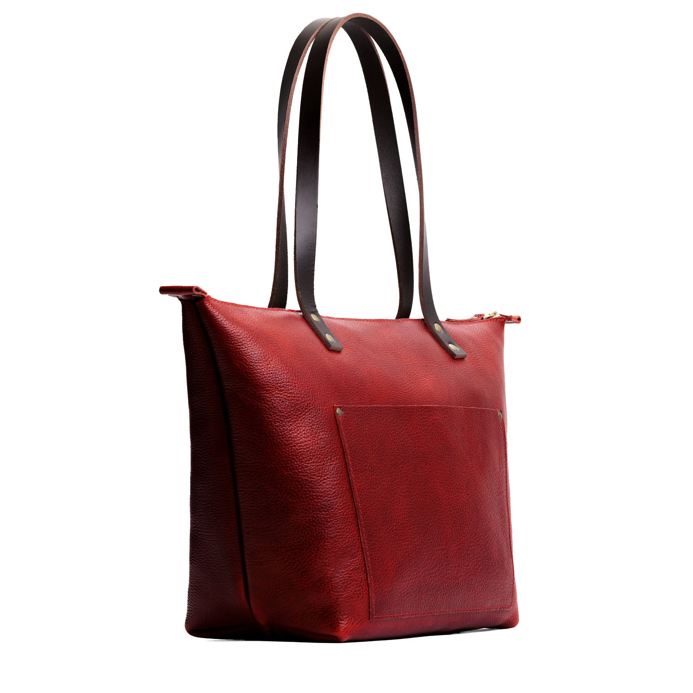 Chili Red*Zipper | Large leather tote bag with sturdy bridle handles and front pocket