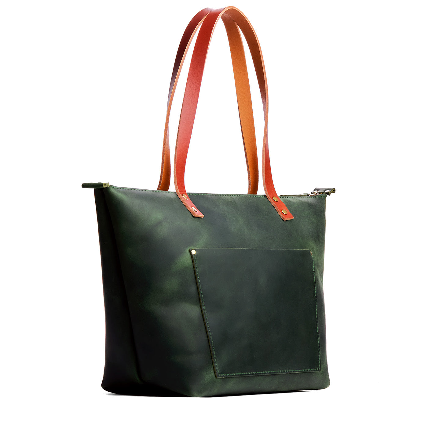 Evergreen*Zipper | Large zipper leather tote bag with sturdy bridle handles and front pocket