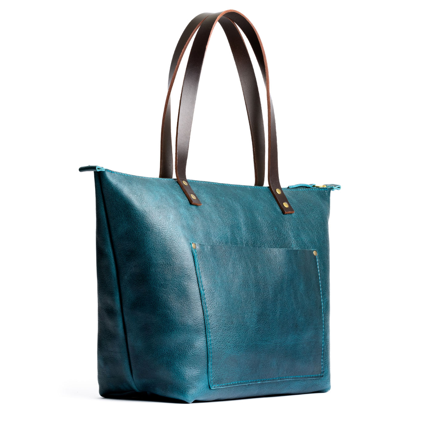 Lagoon*Zipper | Large leather tote bag with sturdy bridle handles and front pocket
