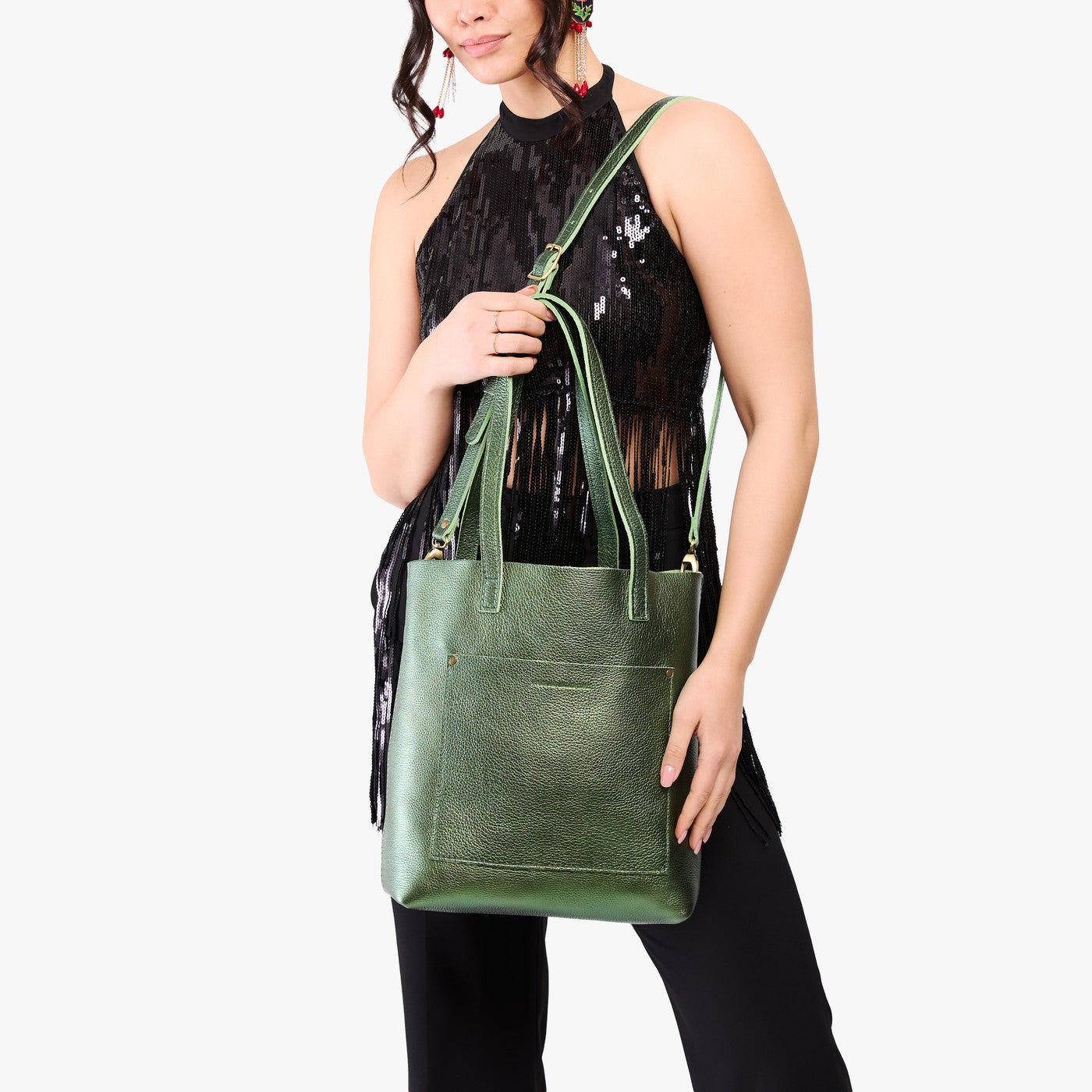 Metallic Greench*Classic | Model holding medium Tote with dual shoulder straps and crossbody strap