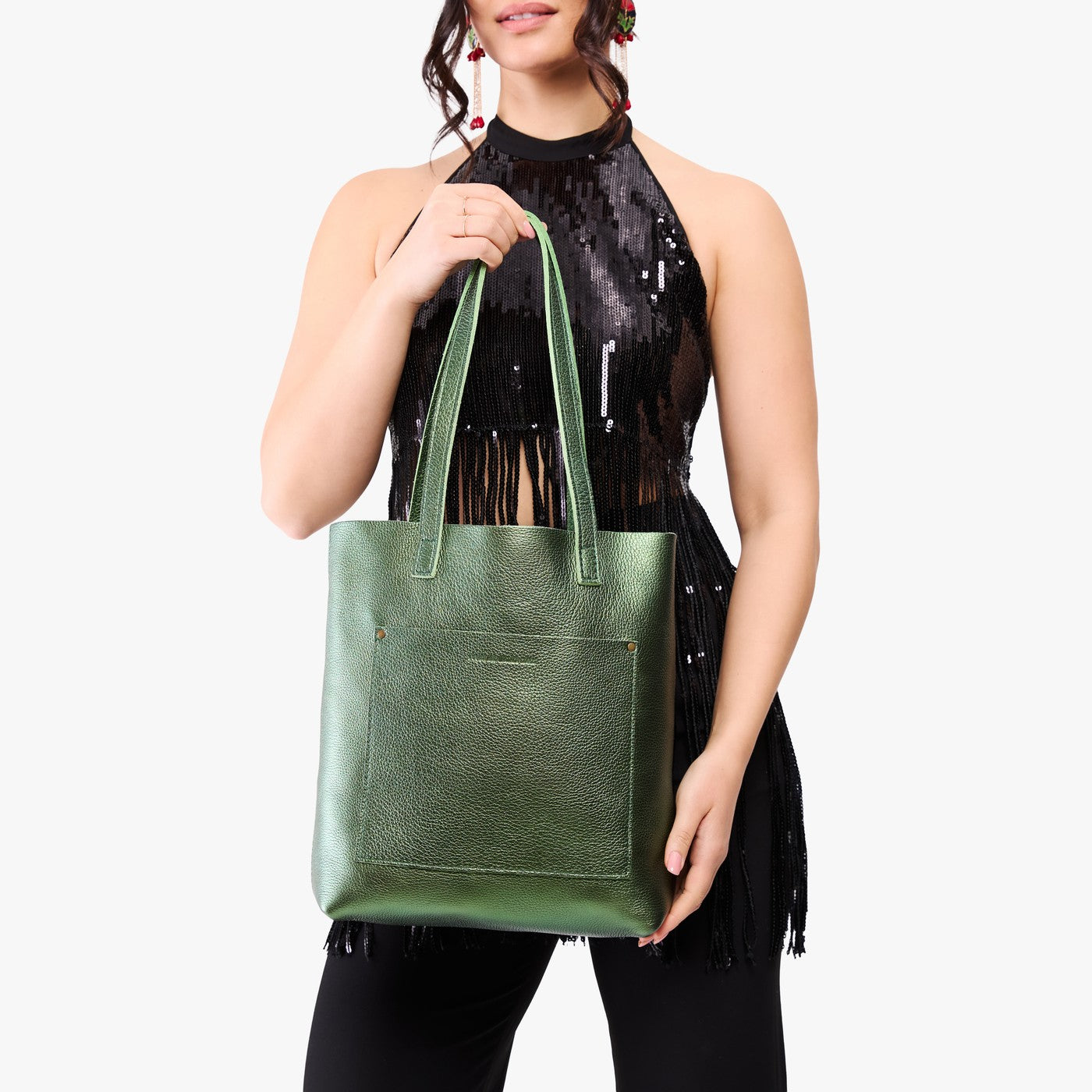 Metallic Greench*Classic | Model holding medium Tote with dual shoulder straps and crossbody strap