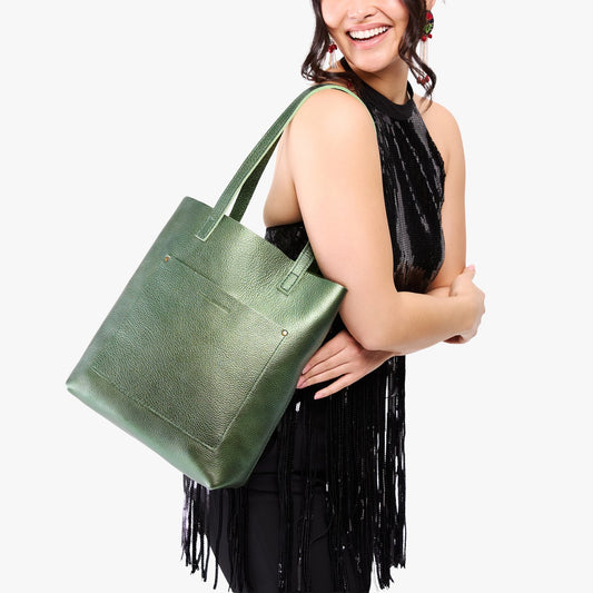 Metallic Greench*Classic | Model holding medium Tote with dual shoulder straps and crossbody strap
