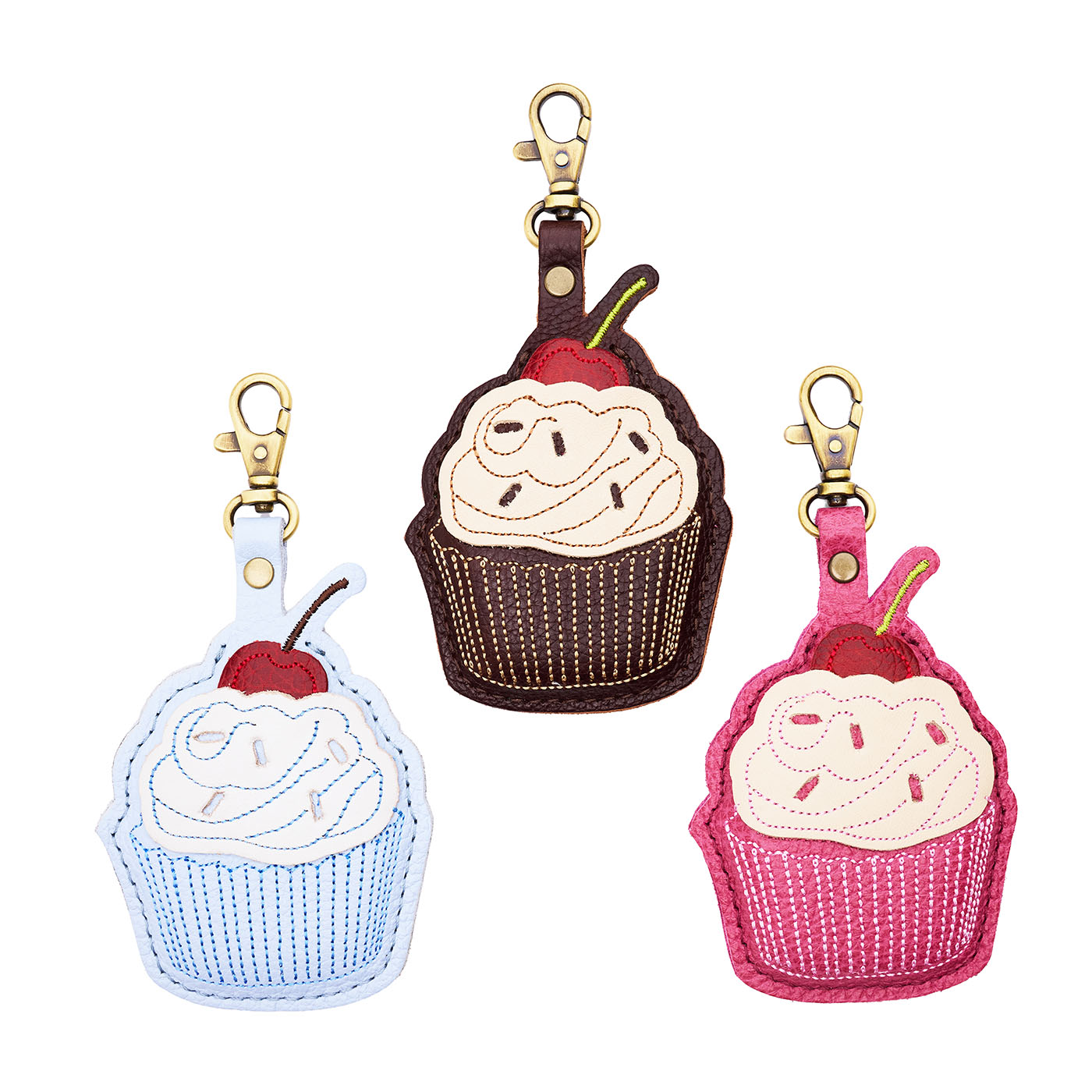 All Variants | Three different colored cupcake shaped leather keychains