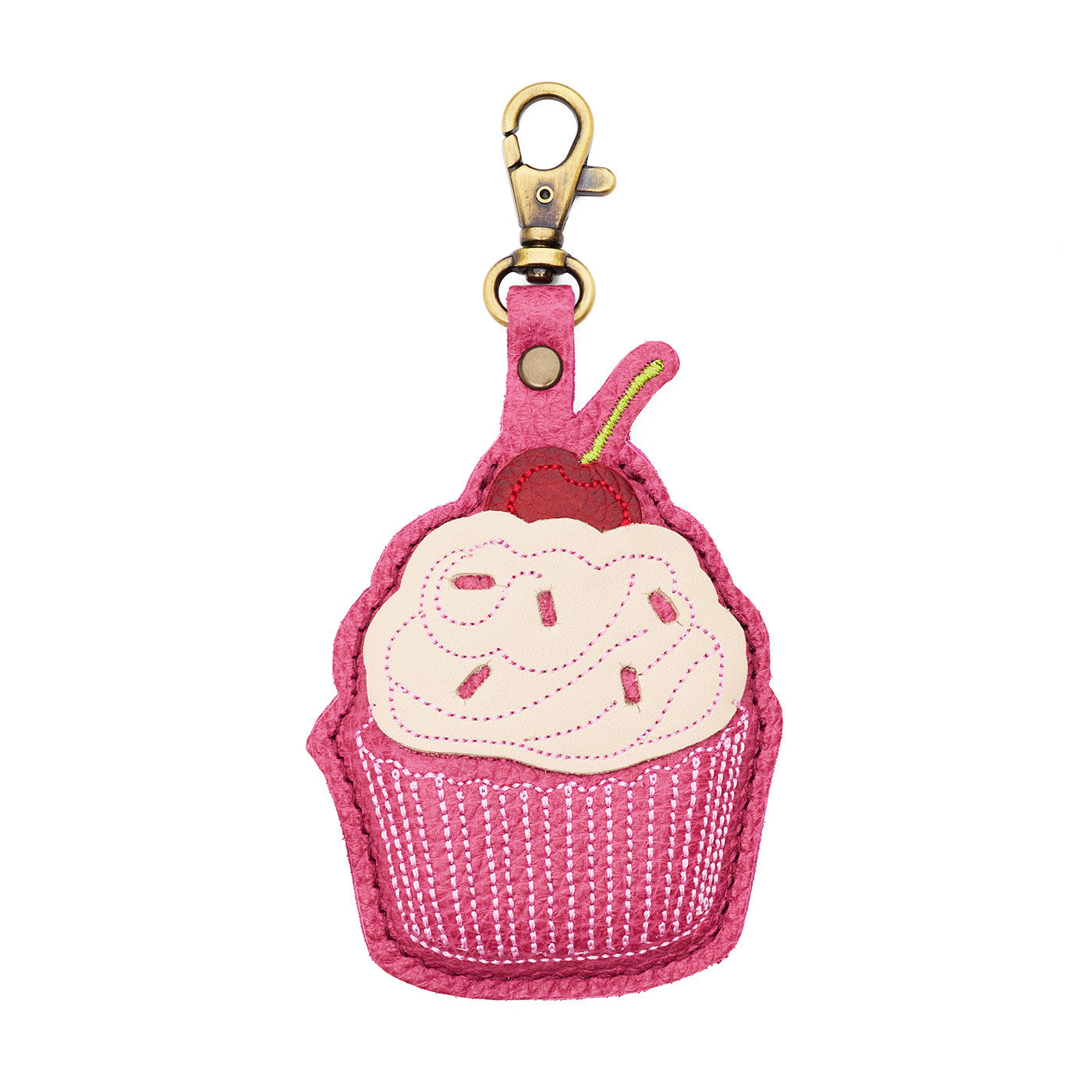 Wild Rose | A cupcake-shaped leather keychain charm with cream-colored frosting, a red cherry on top