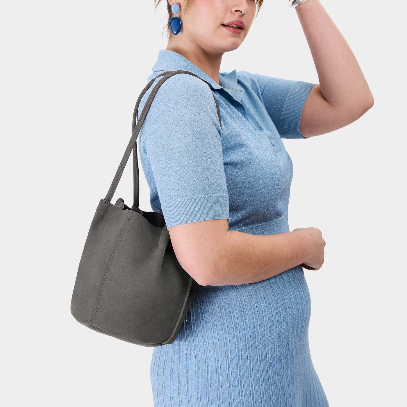 Smoke Grey*Classic | Petite bucket shaped tote bag with matching leather handles