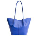 Astro Blue Large | Wide bucket shaped tote bag with matching leather handles