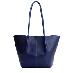 Cobalt*Large | Wide bucket shaped tote bag with matching leather handles