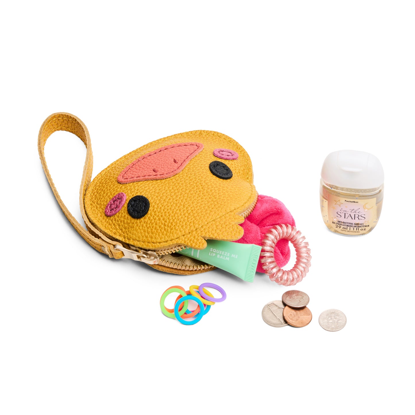 Sunshine | Duck-shaped pouch with zipper opening, wristlet and products displayed