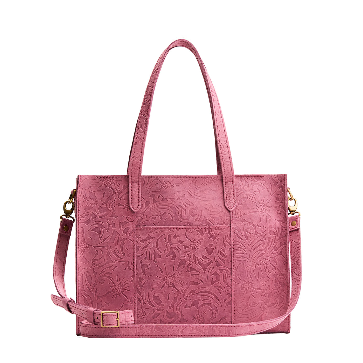 Hollyhock | Structured wide embossed leather tote bag with overlapping panels and crossbody strap