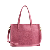 Hollyhock | Structured wide embossed leather tote bag with overlapping panels and crossbody strap