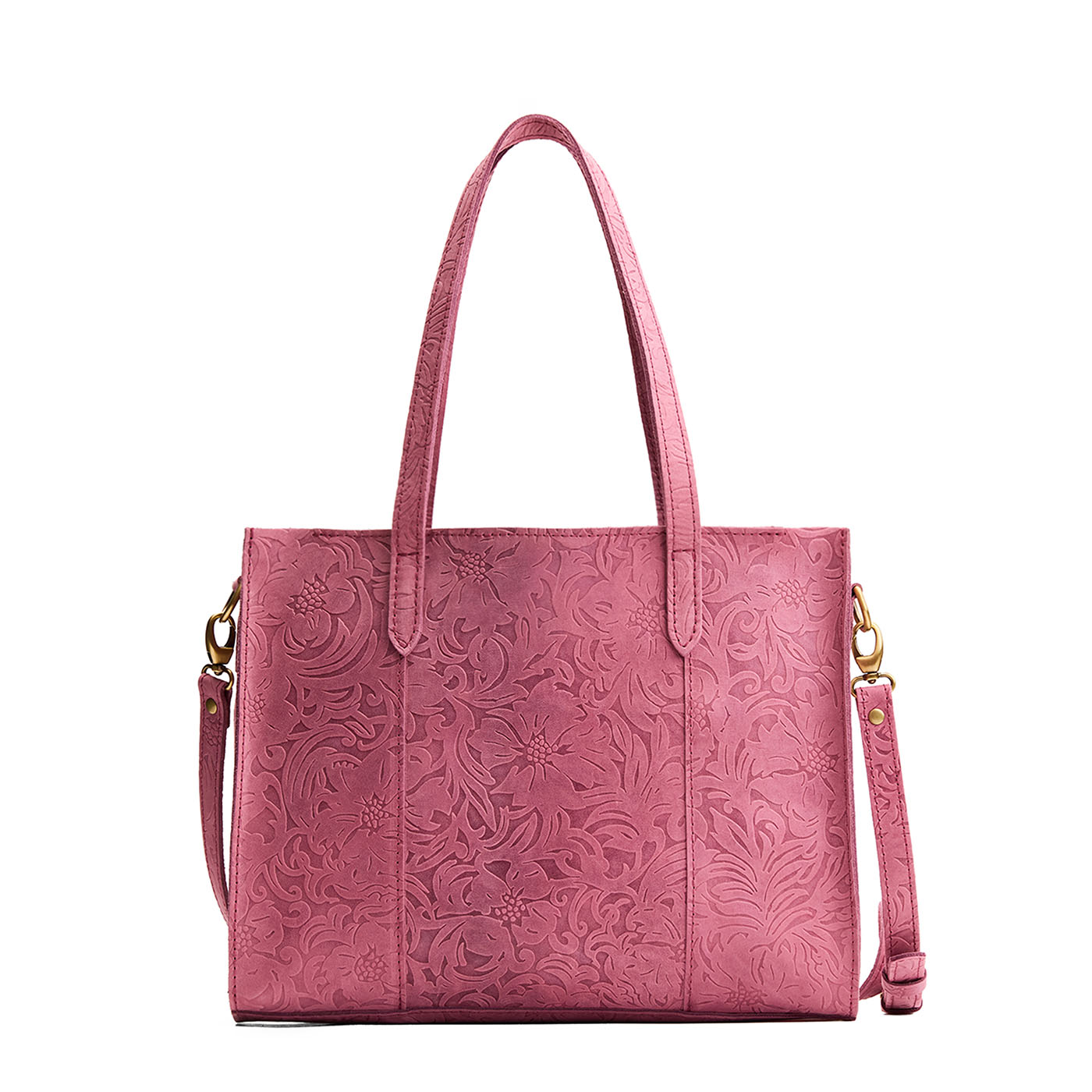 Hollyhock | Structured wide embossed leather tote bag with overlapping panels and crossbody strap
