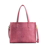 Hollyhock | Structured wide embossed leather tote bag with overlapping panels and crossbody strap