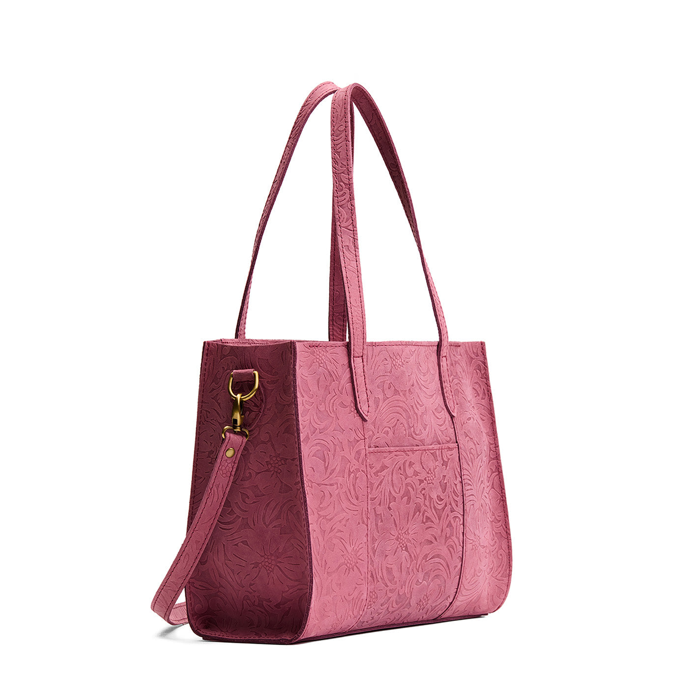 Hollyhock | Structured wide embossed leather tote bag with overlapping panels and crossbody strap
