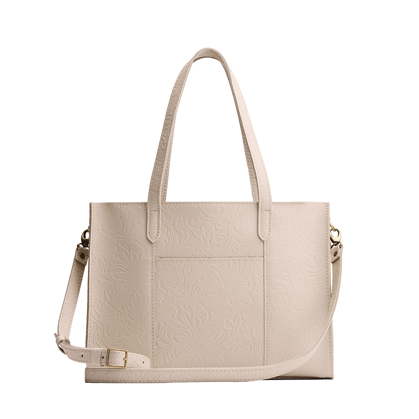 Jasmine | Structured wide embossed leather tote bag with overlapping panels and crossbody strap