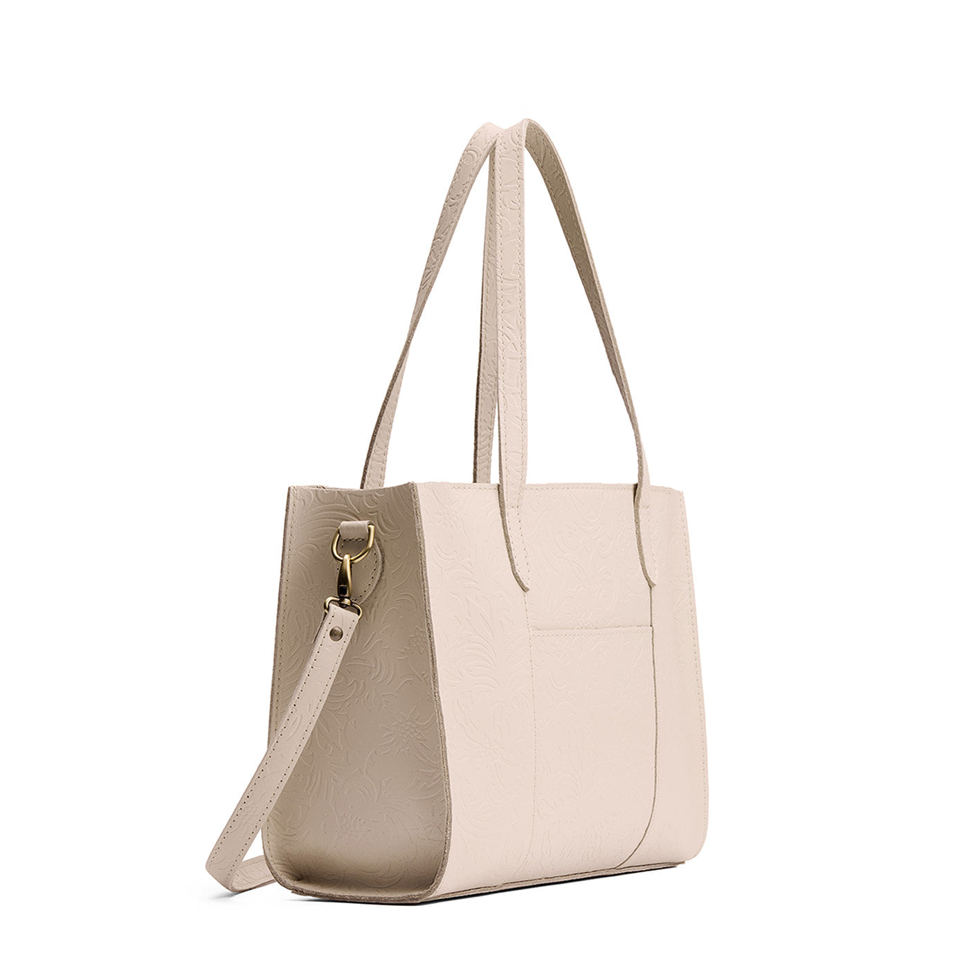 Jasmine | Structured wide embossed leather tote bag with overlapping panels and crossbody strap