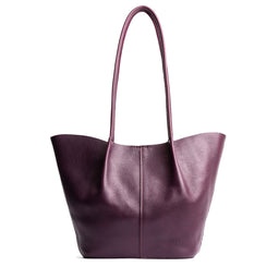 Plum*Large | Wide bucket shaped tote bag with matching leather handles