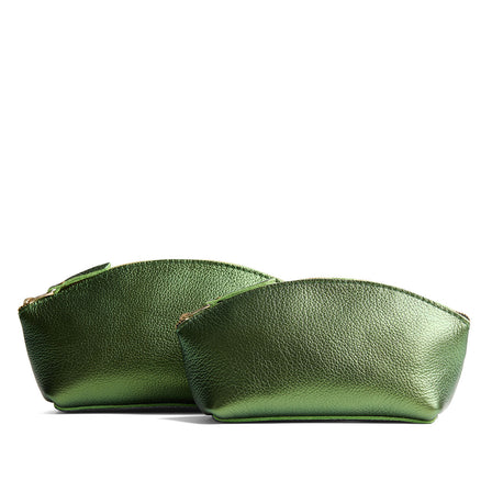 Metallic Greench | Spacious leather makeup bag with curved seams and top zipper