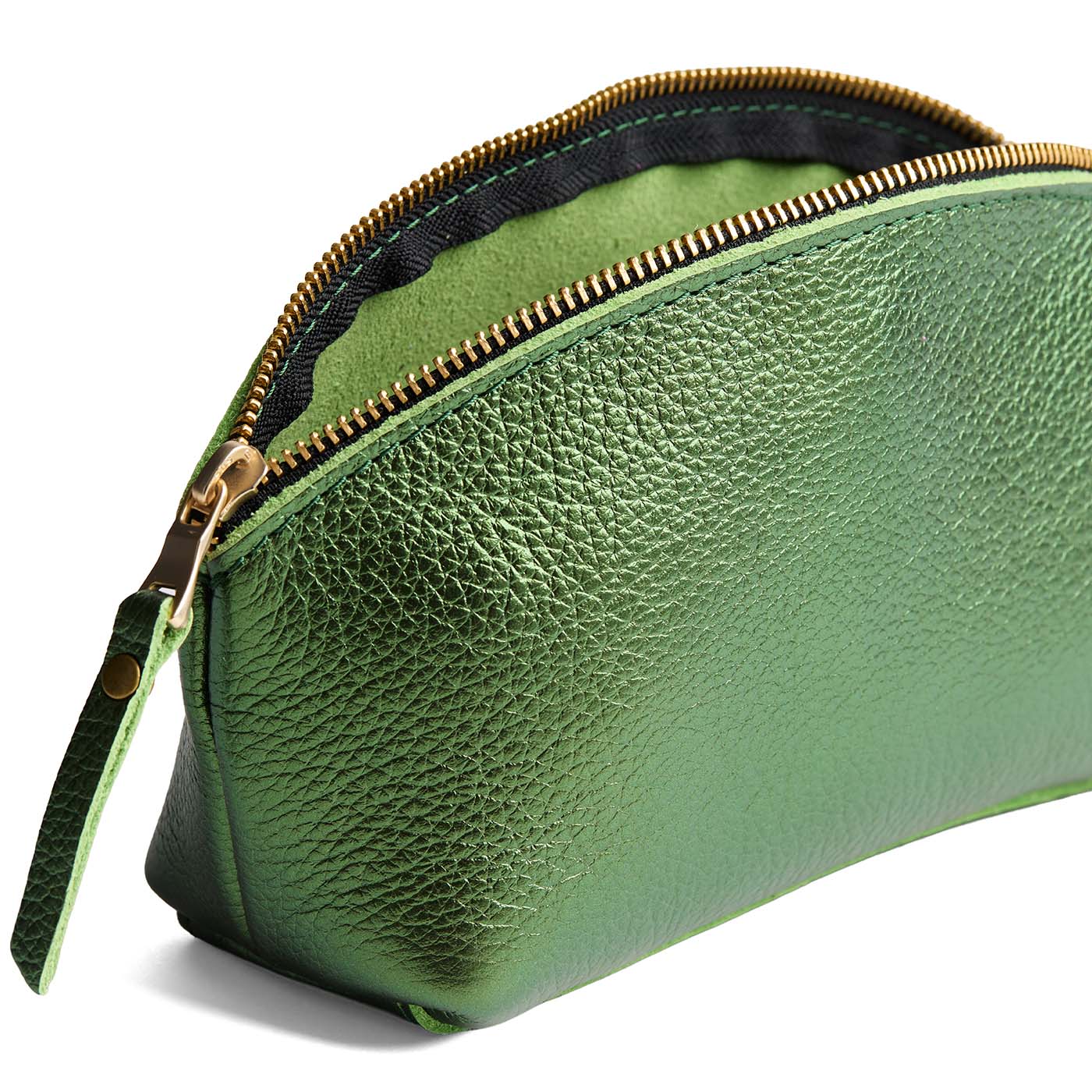 Metallic Greench | Spacious leather makeup bag with curved seams and top zipper