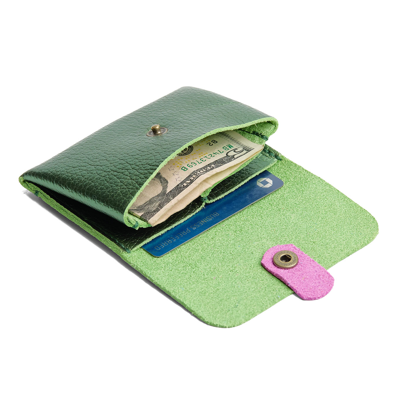 Metallic Greench | Envelope snap wallet with contrast pull tab