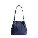 Cobalt Small | Symmetrical leather bag with leather drawstring closure and adjustable shoulder strap
