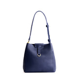 Cobalt Small | Symmetrical leather bag with leather drawstring closure and back ring for accessories