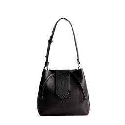 Pebbled--black*Small | Symmetrical leather bag with leather drawstring closure and adjustable shoulder strap