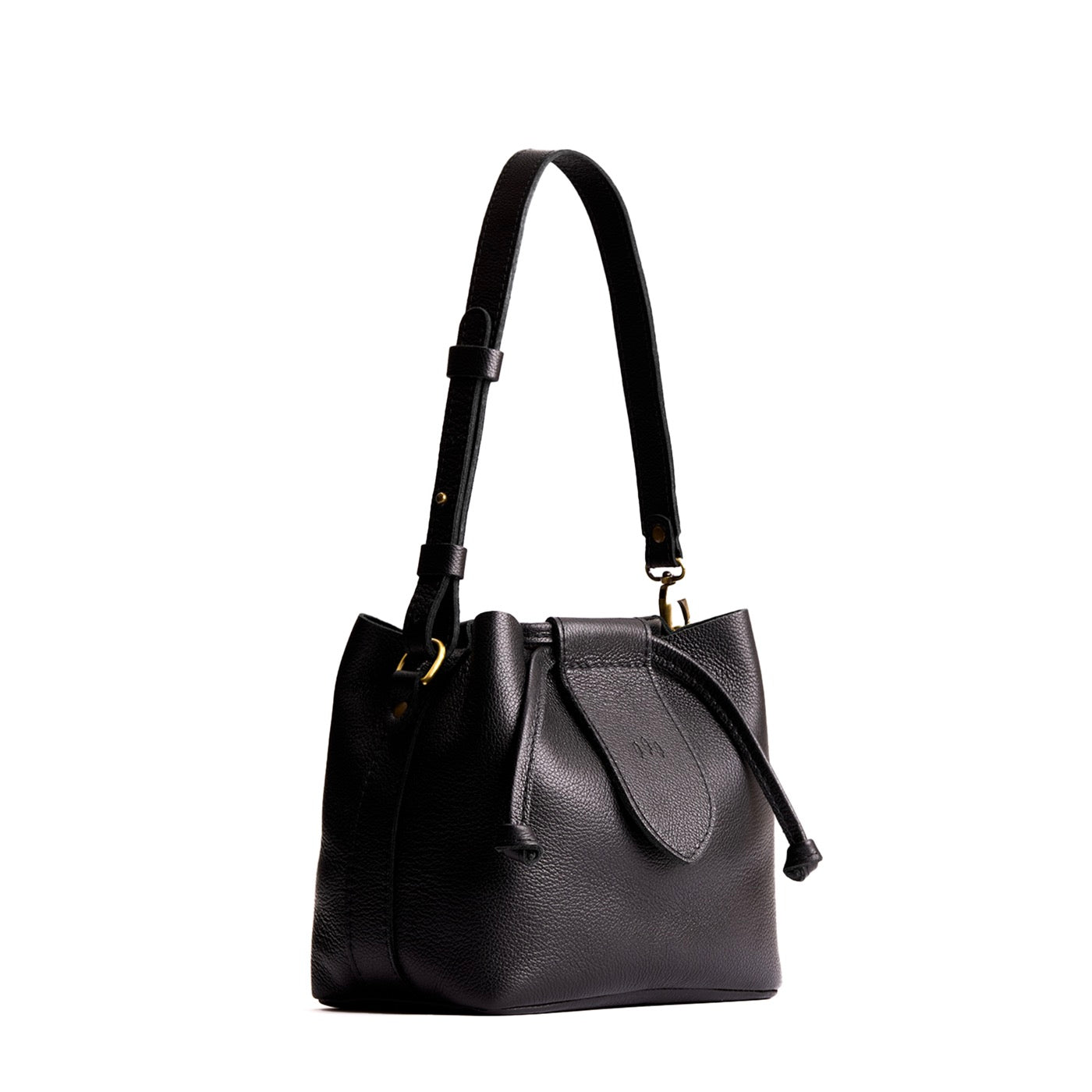 Pebbled--black*Small | Symmetrical leather bag with leather drawstring closure and adjustable shoulder strap