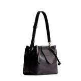 Pebbled--black Small | Symmetrical leather bag with leather drawstring closure and adjustable shoulder strap