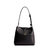 Pebbled--black Small | Symmetrical leather bag with leather drawstring closure and back ring for accessories