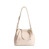 Pebbled Bone Small | Symmetrical leather bag with leather drawstring closure and adjustable shoulder strap