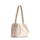 Pebbled Bone Small | Symmetrical leather bag with leather drawstring closure and adjustable shoulder strap