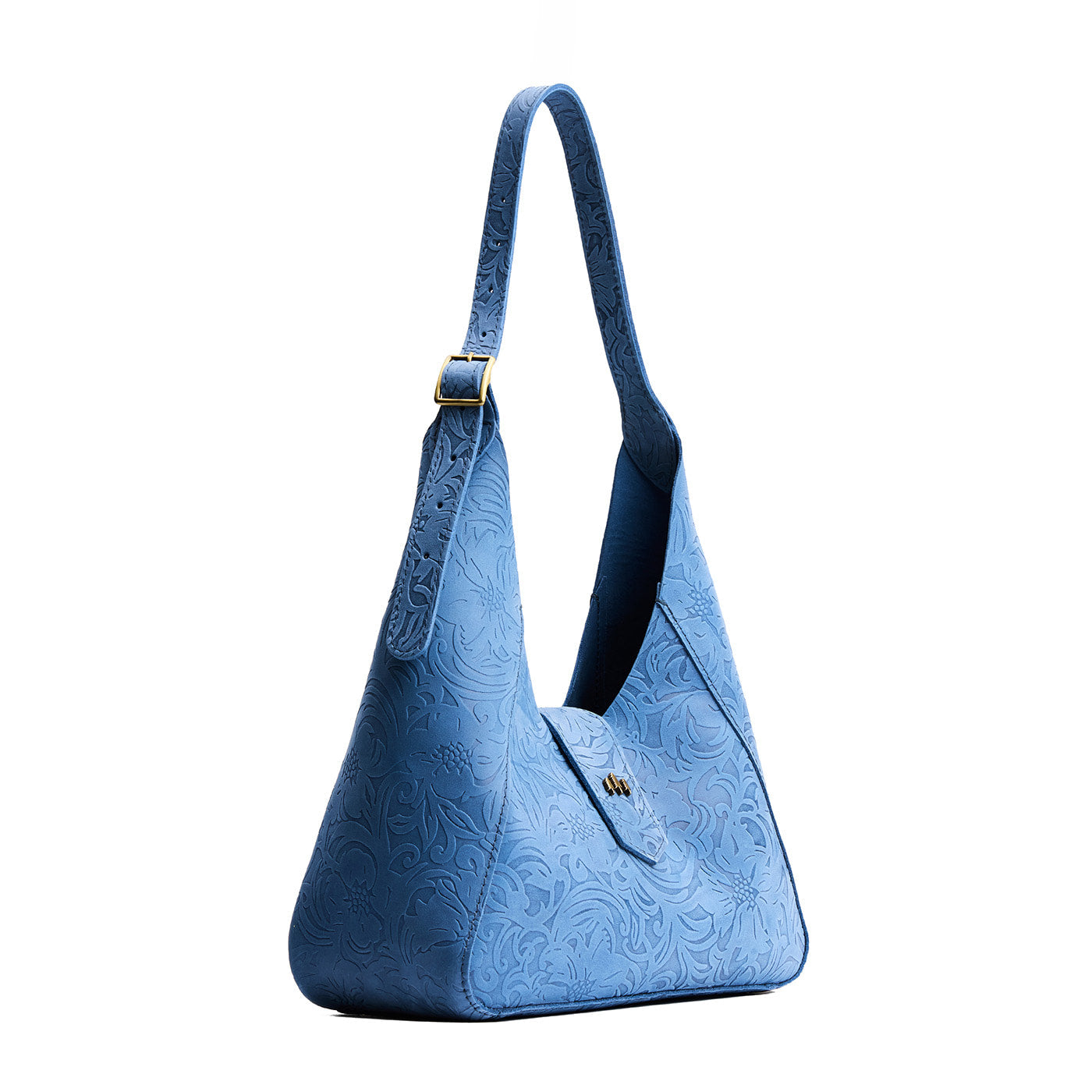 Cornflower | Structured hobo shoulder bag with floral patterned embossed leather, adjustable strap and magnetic closure