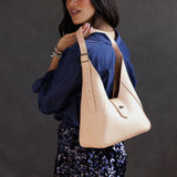 Moonflower | Model wearing structured hobo shoulder bag with adjustable strap and magnetic closure