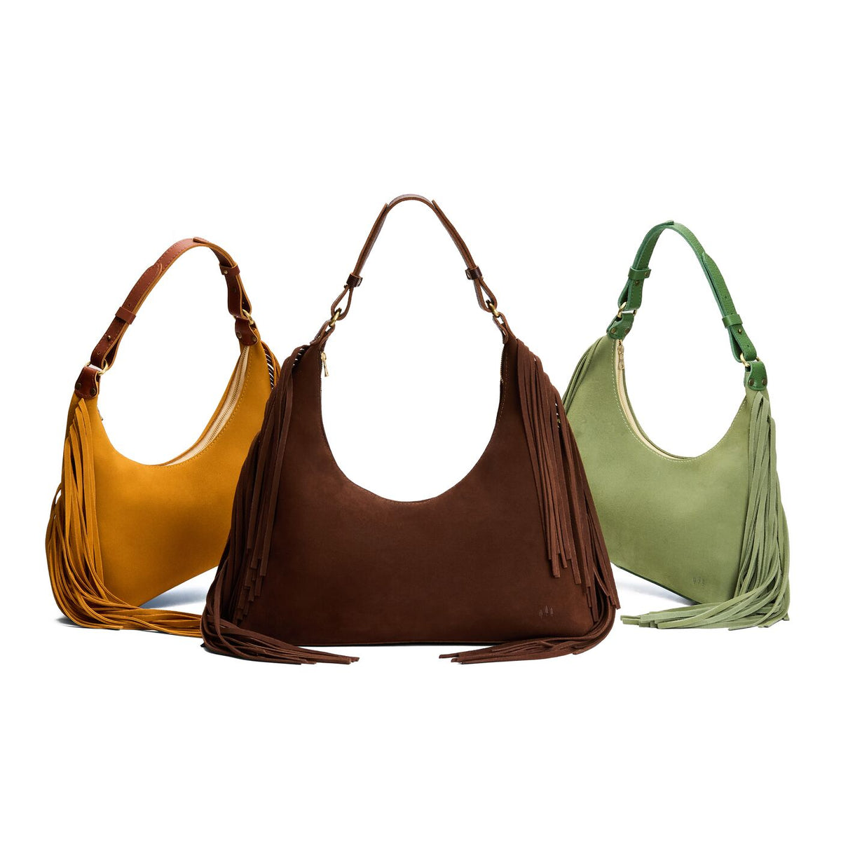 Fringe | Side by side comparison of the Willow Shoulder Bag in colors Dijon, Stagecoach, and Laurel
