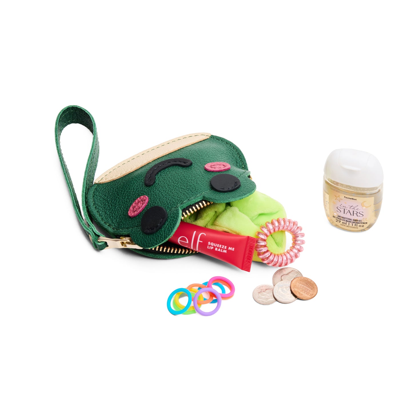 Bacalar | Frog-shaped pouch with zipper opening, wristlet and products displayed