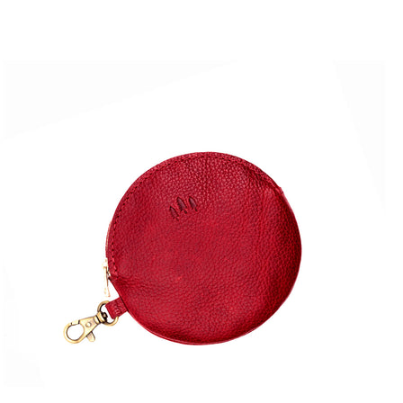 Chili Red | Leather flat round keychain pouch