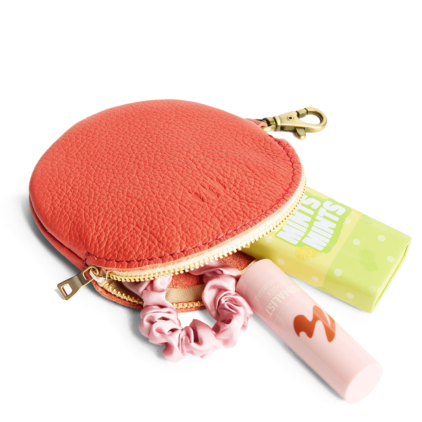 Coral | Leather flat round keychain pouch